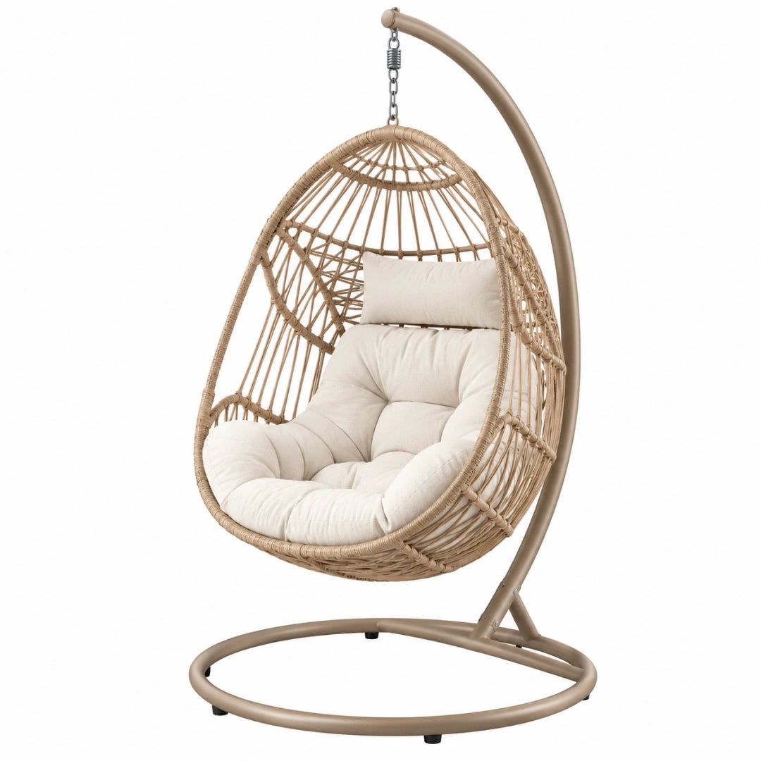 Hängesessel 105 x 105 x 195 cm in Beige mit Metallgestell und geflochtenem Sitzkorb