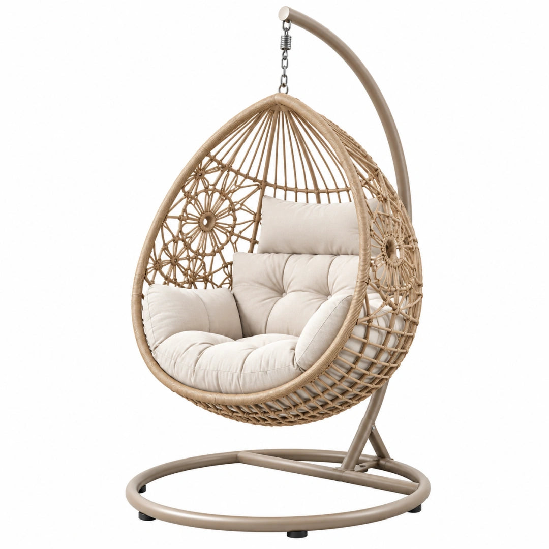 Hängesessel 105 x 105 x 195 cm Kunststoffgeflecht Beige mit Stahlgestell für Garten und Terrasse