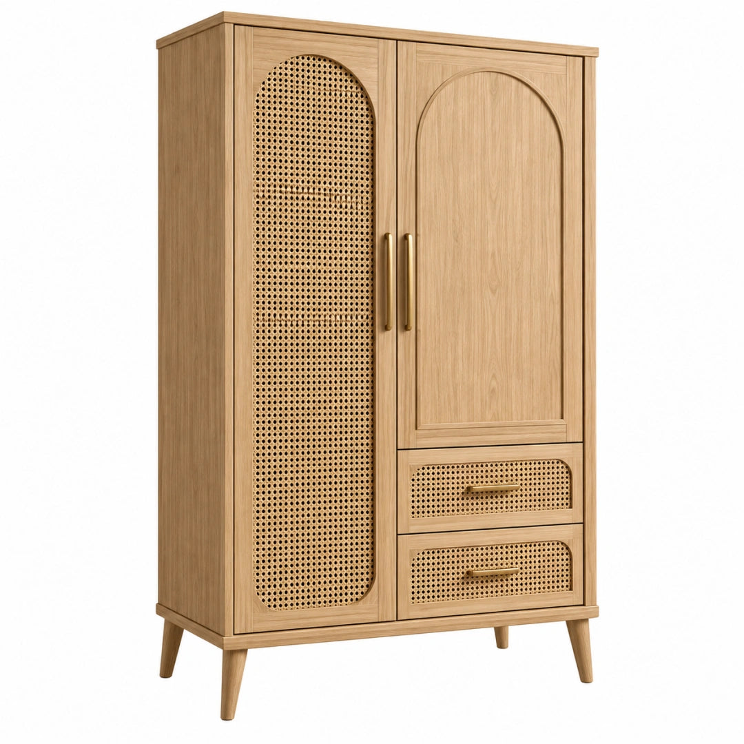 Kleiderschrank 100 x 50 x 190 cm aus Holz in Natur mit Rattangeflecht im Boho Stil