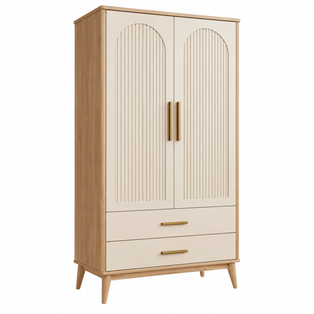 Kleiderschrank 100 x 55 x 190 cm aus Holzwerkstoff in Natur und Cremeweiß mit 2 Türen 2 Schubladen im skandinavischen Stil
