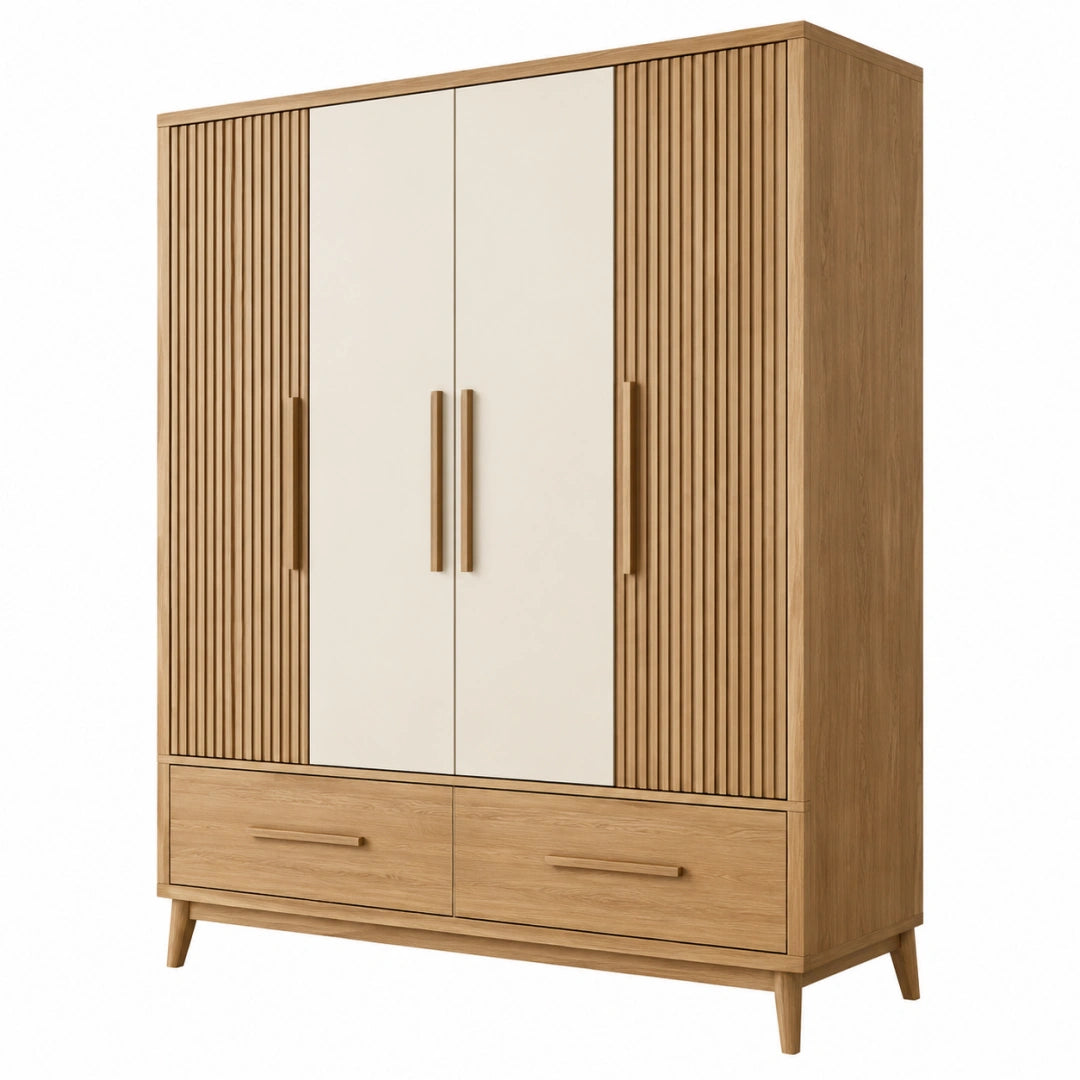 Kleiderschrank 120 x 55 x 190 cm Holzwerkstoff Naturweiß mit 4 Türen und 2 Schubladen