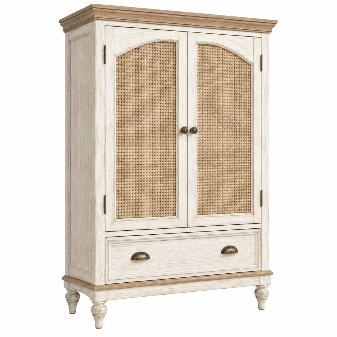 Kleiderschrank 90 x 45 x 180 cm Holz Rattan Weiß Natur Landhausstil