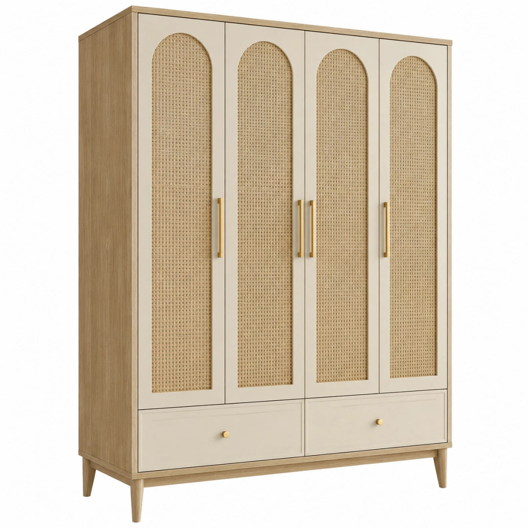Kleiderschrank 160 x 50 x 200 cm Holzoptik Beige mit Rattangeflecht und 4 Türen
