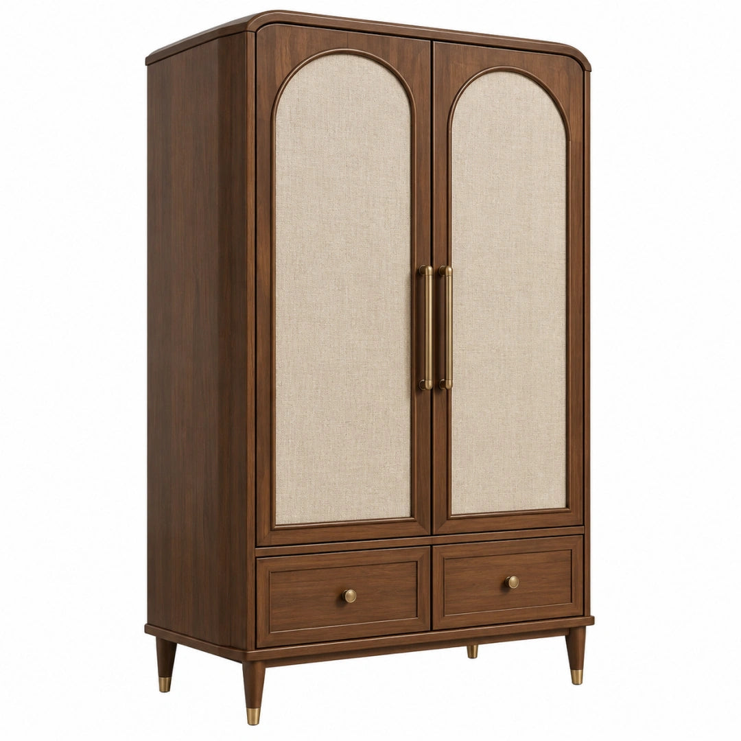 Kleiderschrank 100 x 55 x 190 cm Holzoptik Braun Beige Stofffronten Retro Stil mit 2 Türen und 2 Schubladen