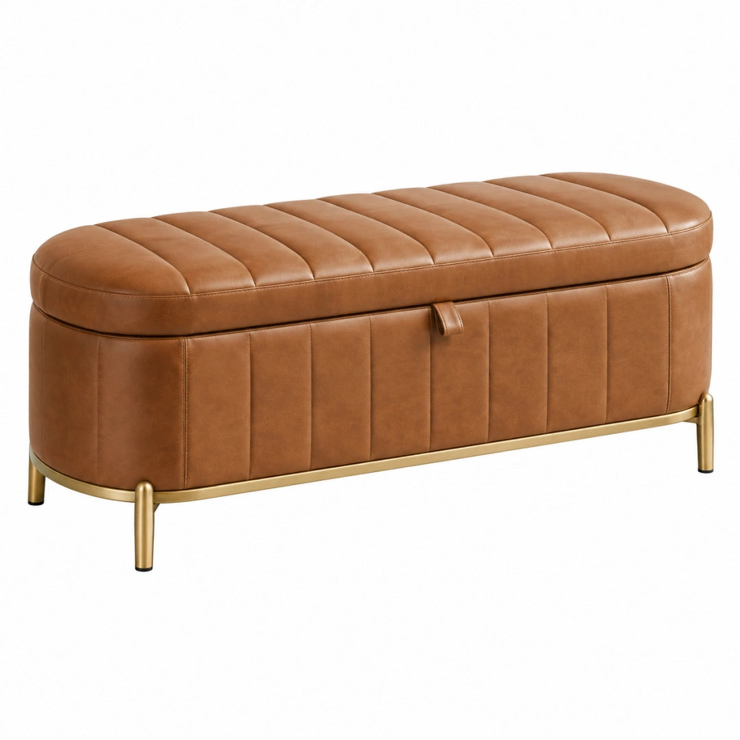 Aufbewahrungsbank 110 x 45 x 48 cm braunes Kunstleder mit gepolstertem Sitz und Klappdeckel