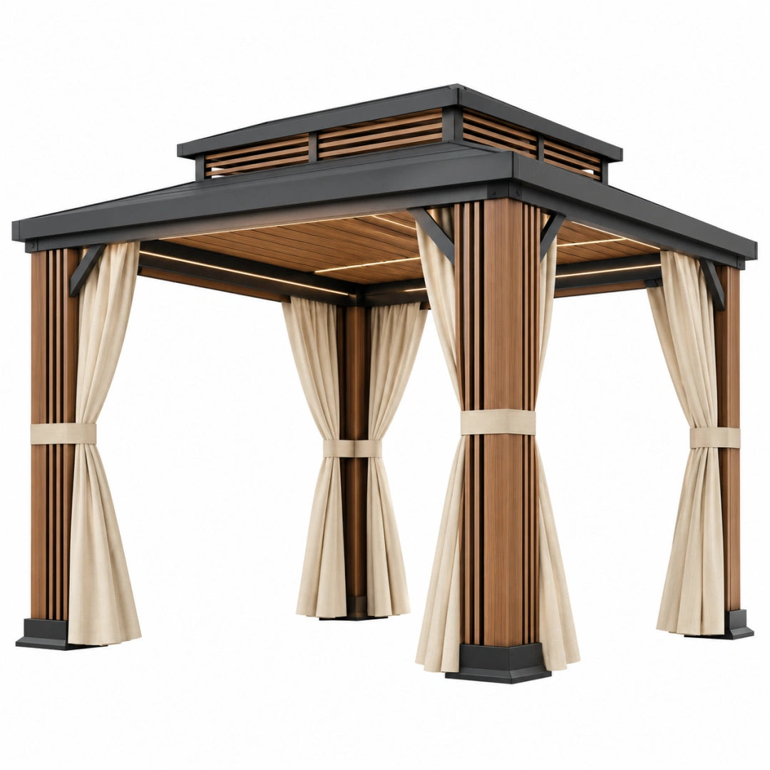 Gartenpavillon 300 x 300 x 280 cm Holz Metall Beige Schwarz mit Vorhängen