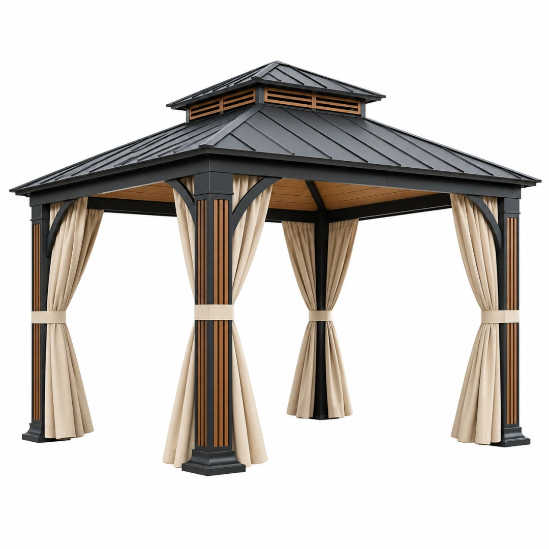Pavillon 300 x 300 x 300 cm Metall Schwarz Beige mit Vorhängen für Garten