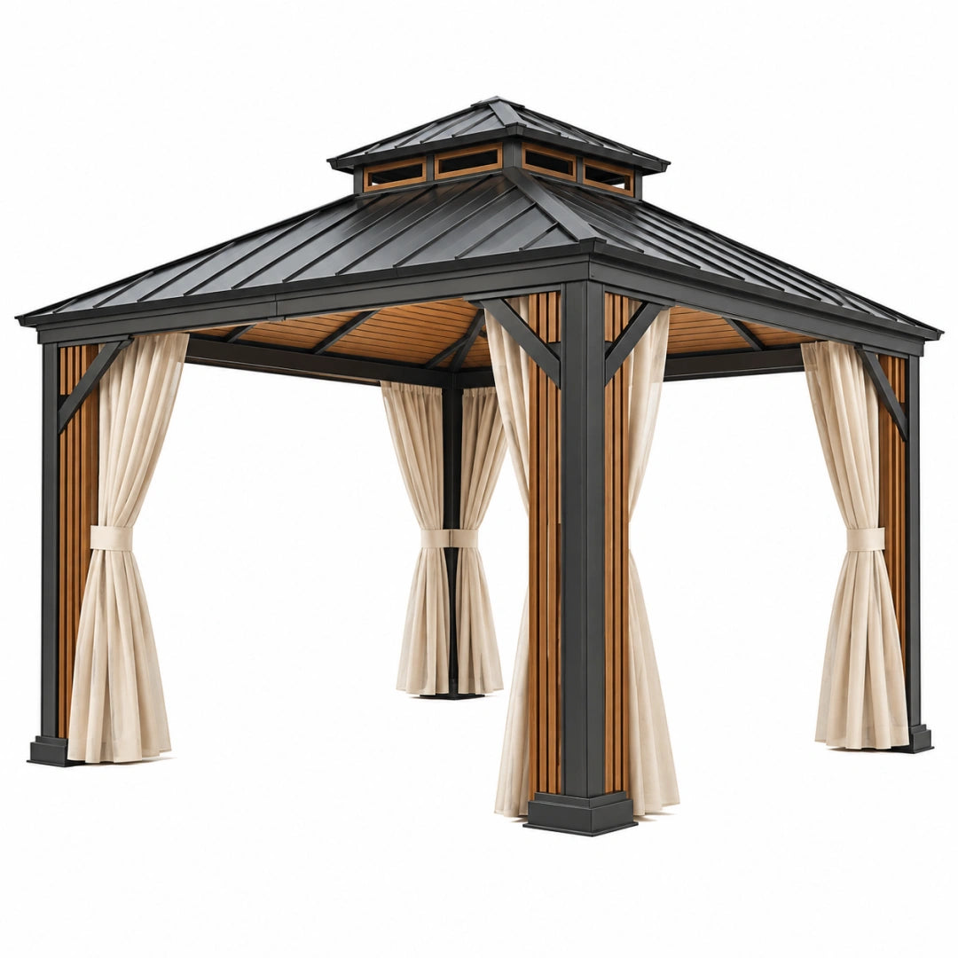 Gartenpavillon 400 x 400 cm Metall Schwarz Braun mit Vorhängen