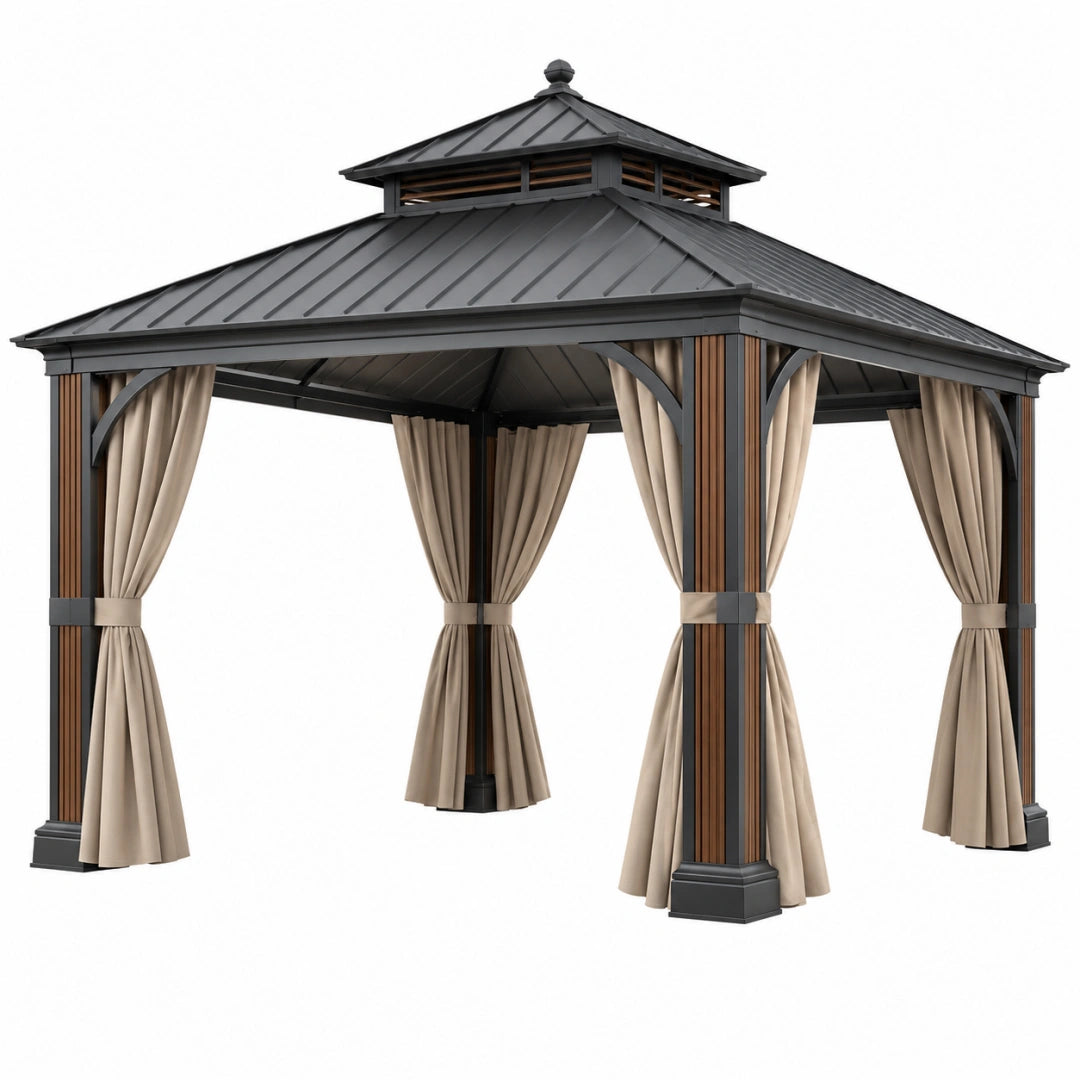 Pavillon 300 x 300 cm Metall Textil Anthrazit Braun Beige mit Vorhängen für Garten im klassischen Stil