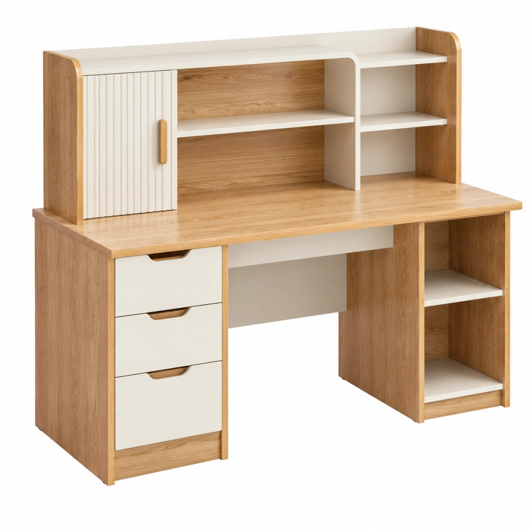 Schreibtisch 120 x 60 x 140 cm Holzwerkstoff Naturweiß mit Aufsatz und Stauraum