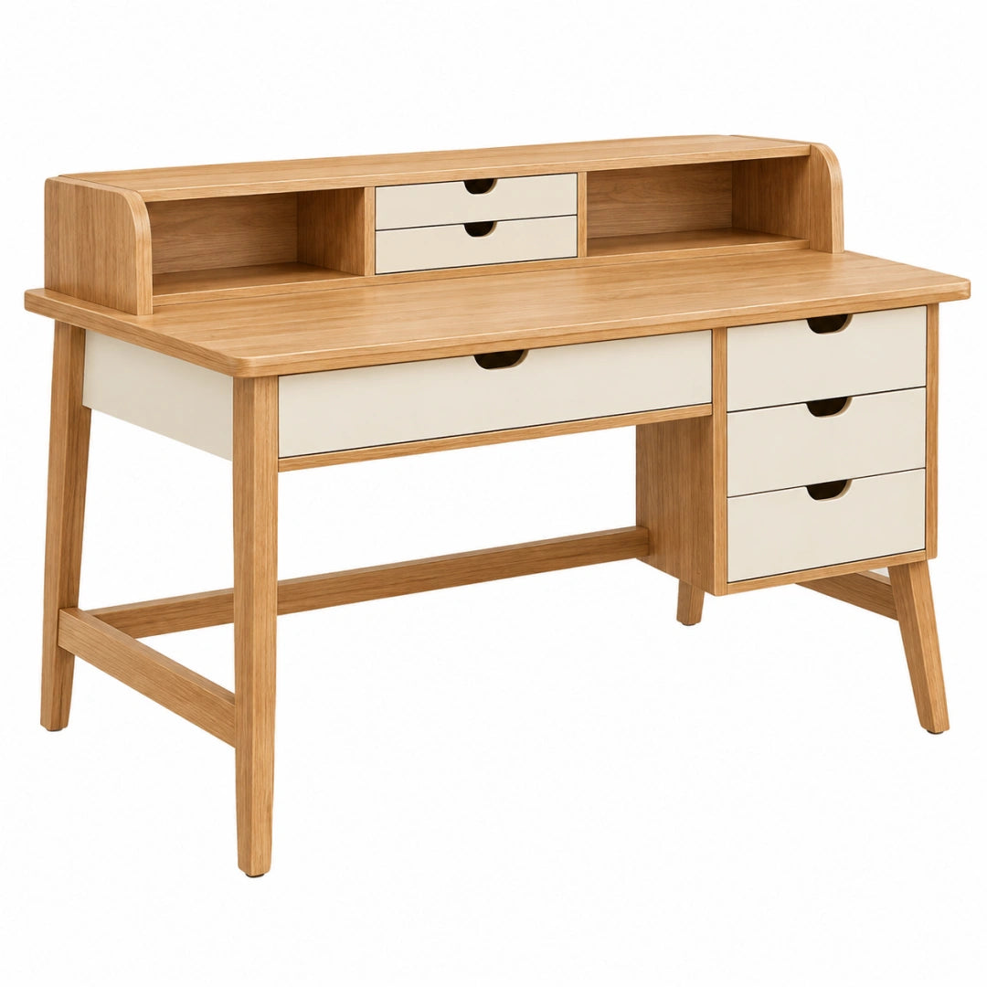 Schreibtisch 120 x 60 cm Holz Naturweiß mit 6 Schubladen im skandinavischen Stil