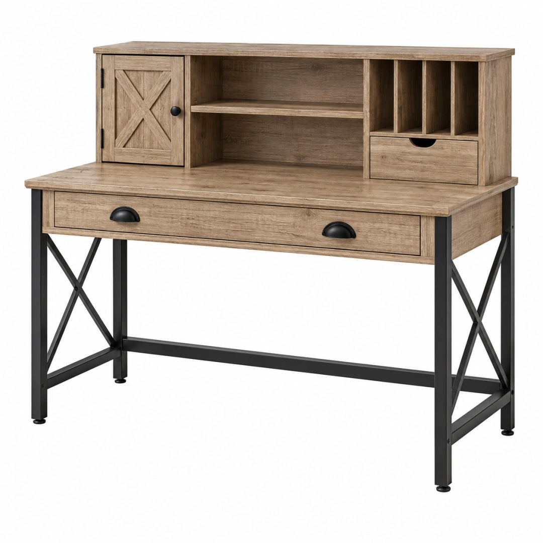 Schreibtisch 120 x 60 cm Holzwerkstoff Braun mit Metallgestell und Aufsatz im Landhausstil