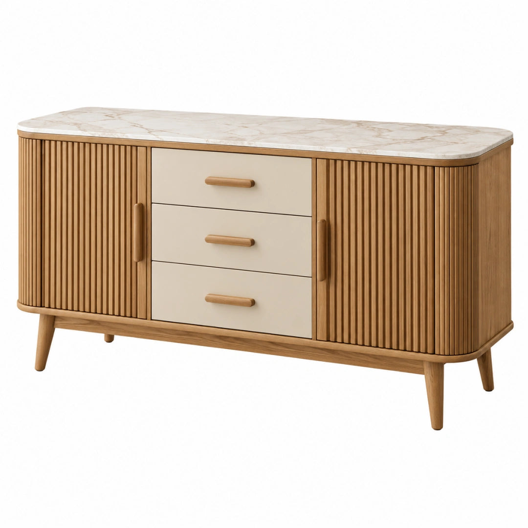 Sideboard 160 x 45 x 85 cm aus Holzwerkstoff in Naturholz Beige mit Steinoptik im Retro-Stil