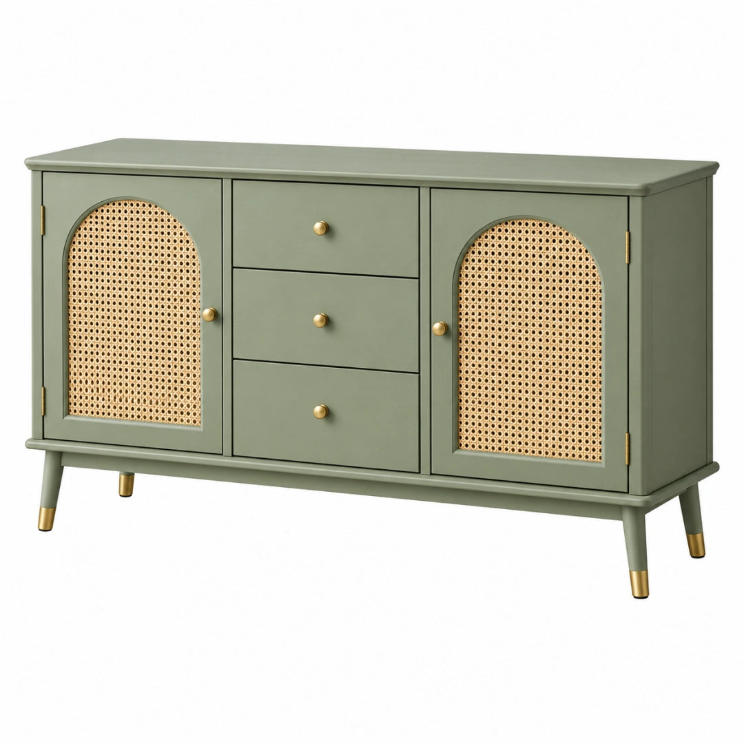 Sideboard 140 x 40 x 85 cm aus Holzwerkstoff in Salbeigrün mit Rattangeflecht im Retro Stil