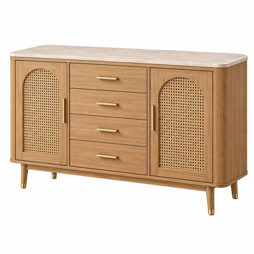 Sideboard 160 x 40 x 85 cm Holz Rattan Natur mit 4 Schubladen und 2 Türen