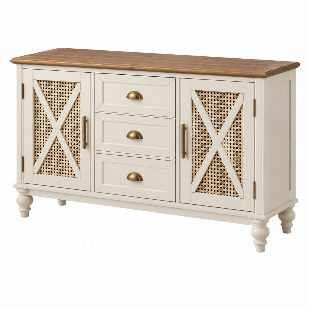Sideboard 140 x 40 x 85 cm aus Holz und Rattangeflecht in Creme Braun im Landhausstil