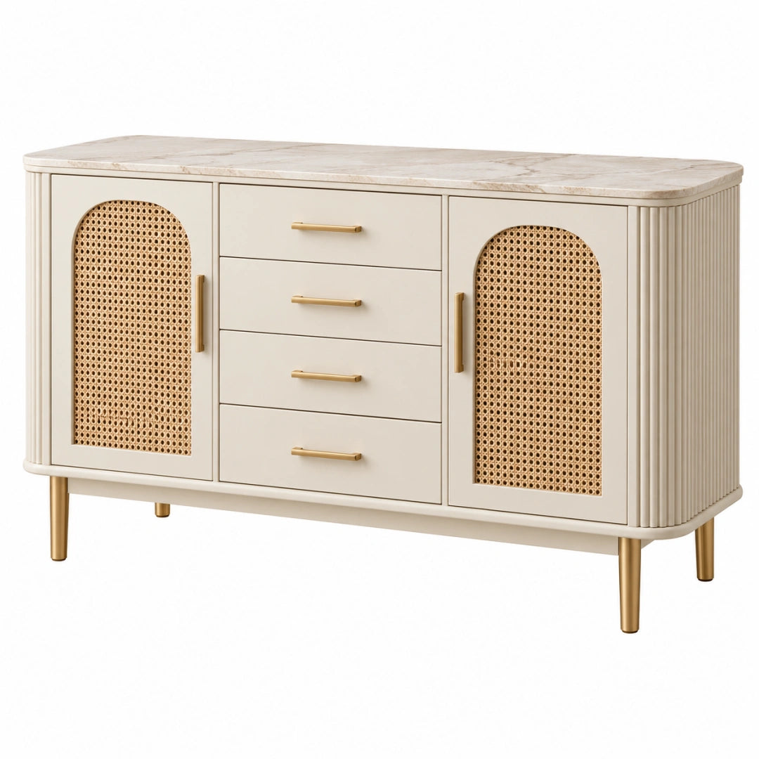 Sideboard 140 cm Creme Holzwerkstoff mit Rattangeflecht und Schubladen