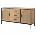 Sideboard 160 x 40 x 80 cm Holz Rattan Natur Schwarz mit 3 Schubladen und 2 Türen