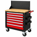 Werkzeugwagen 76 x 46 x 157 cm aus Stahl in Schwarz Rot mit Holzarbeitsplatte und 7 Schubladen