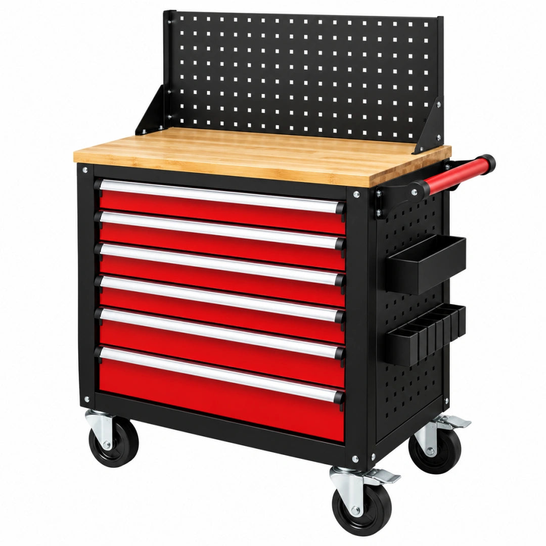 Werkzeugwagen 76 x 46 x 157 cm aus Stahl in Schwarz Rot mit Holzarbeitsplatte und 7 Schubladen