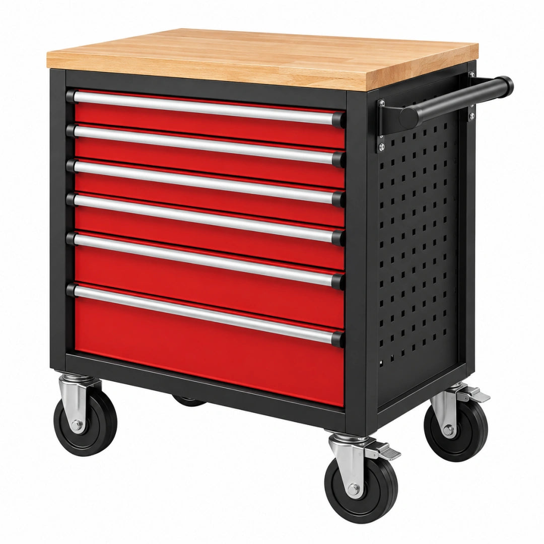 Werkstattwagen 77 x 46 x 97 cm aus Stahl Rot Schwarz mit Holzarbeitsplatte und 7 Schubladen