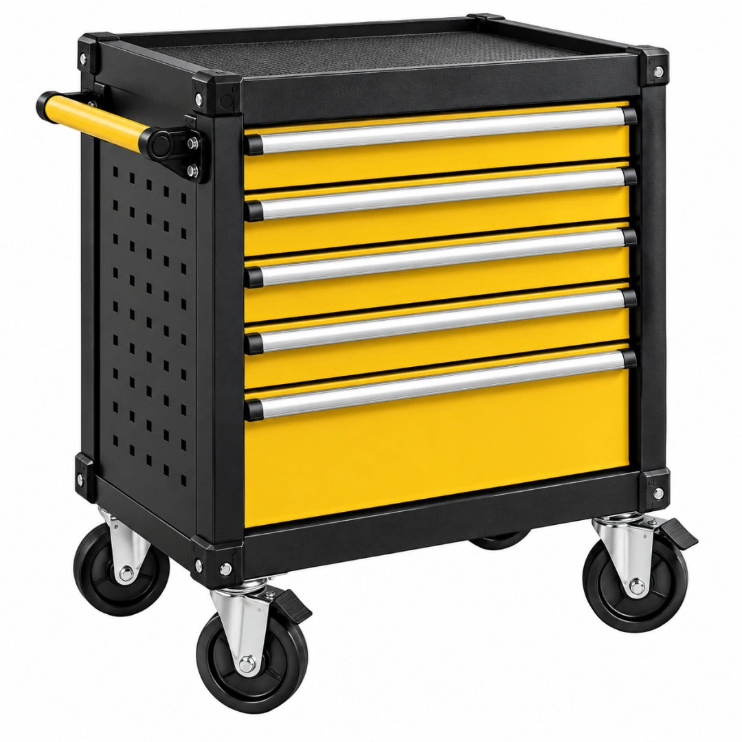 Werkstattwagen 76 x 46 x 92 cm aus Stahl in Schwarz Gelb mit 5 Schubladen
