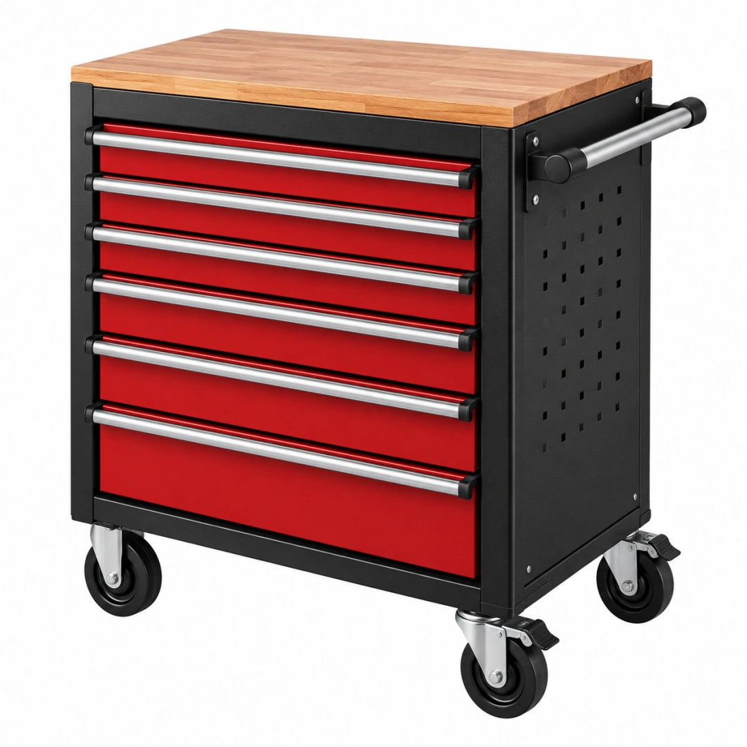 Werkstattwagen 85 x 46 x 97 cm aus Stahl und Holz schwarz rot rollbar mit 7 Schubladen