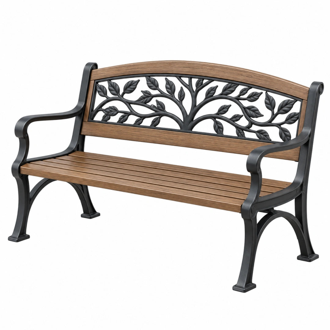 Gartenbank 120 x 60 x 88 cm aus Metall und Holz in Braun Schwarz mit Blattdekor