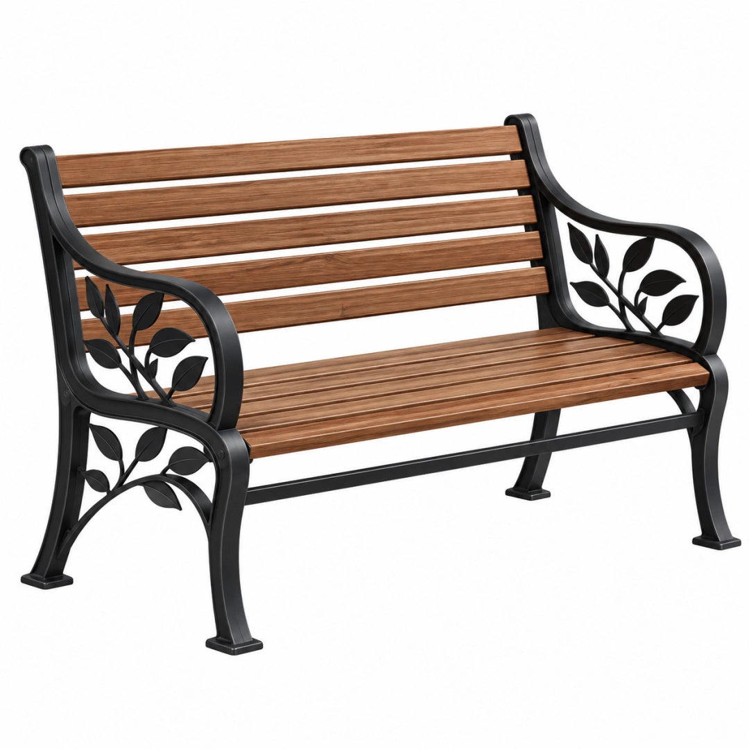 Gartenbank 120 x 60 x 85 cm aus Metall und Holz Braun Schwarz mit Blattdekor