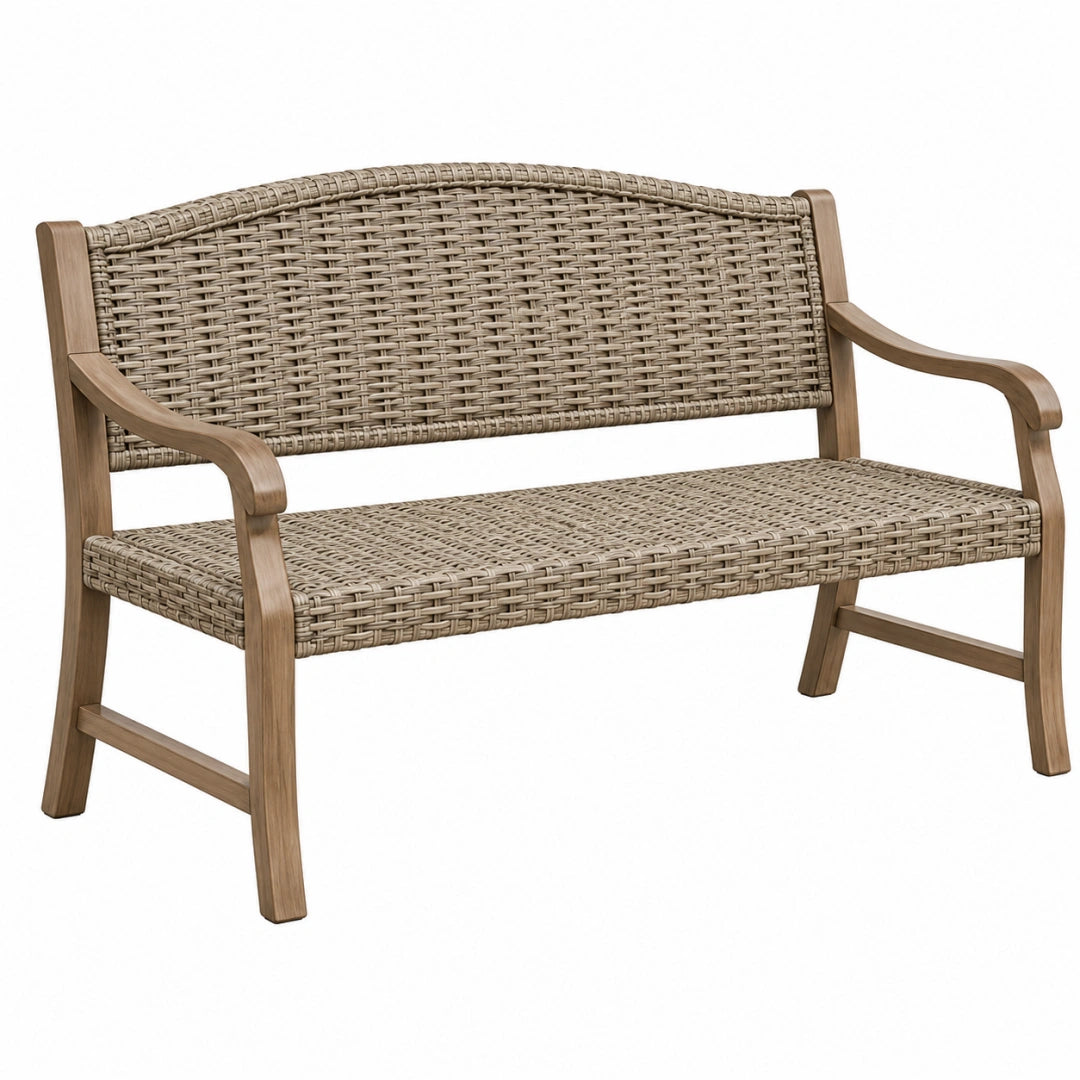Gartenbank 120 x 65 x 90 cm aus Holz und Polyrattan Naturbraun für Terrasse im geflochtenen Stil