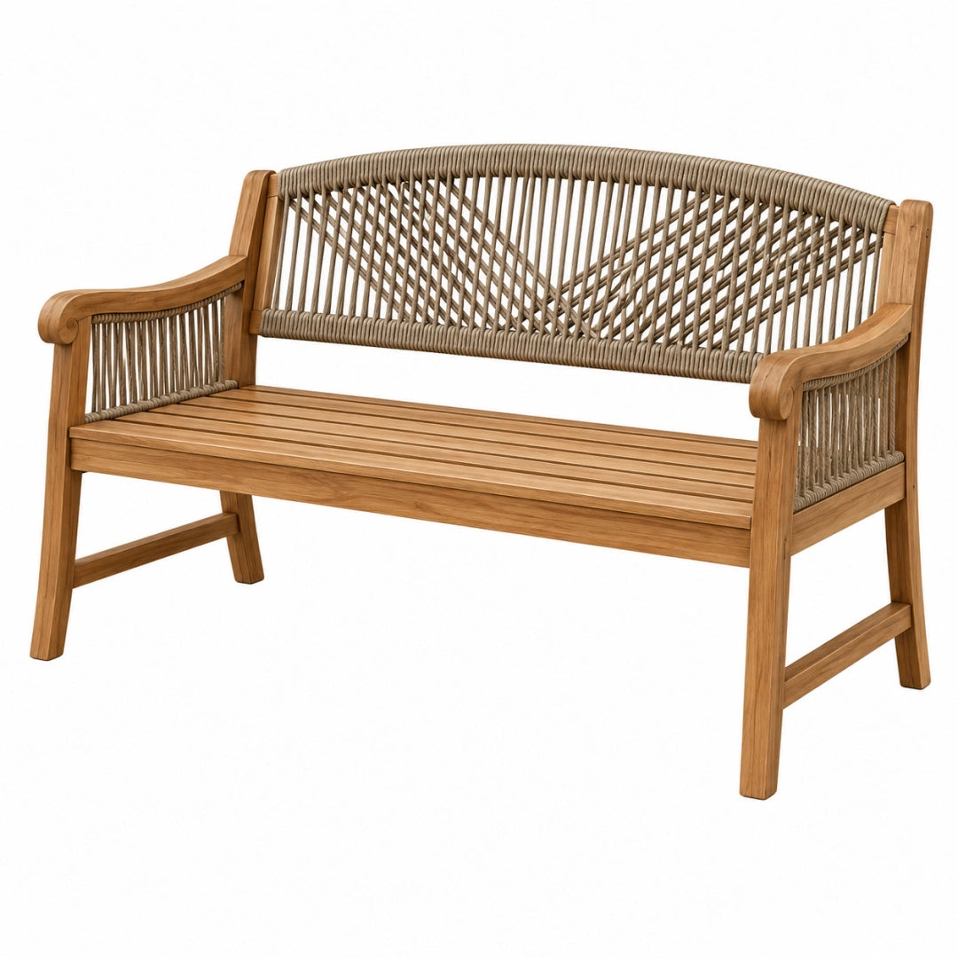 Gartenbank 120 cm aus Holz und Seilgeflecht in Naturbraun Beige - Outdoor Sitzbank im Boho-Stil