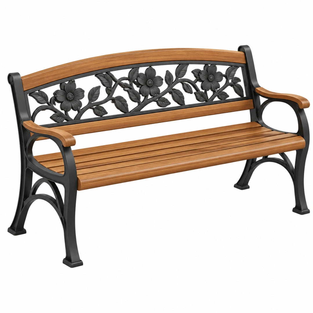 Gartenbank 150 cm Holz Metall Braun Schwarz Blumenmuster Klassisch