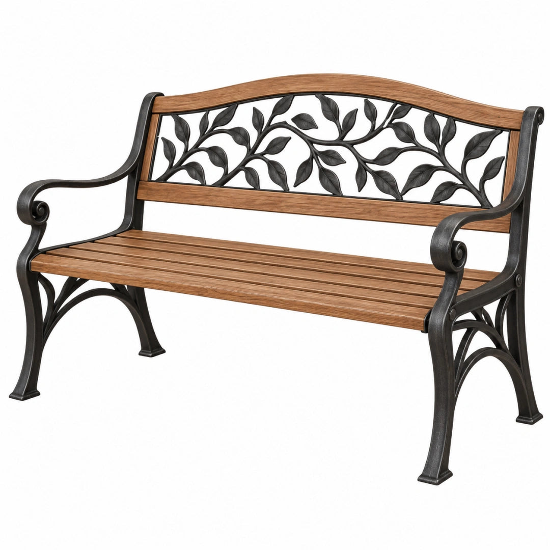 Gartenbank 120 x 60 x 85 cm Holz Metall Braun Schwarz Blattmotiv